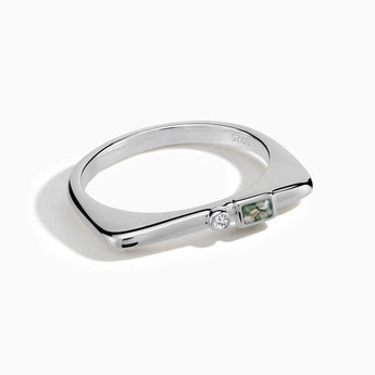 925 Sterling Silver Baguette Moss Agate Puzzle Stacking Ring - Minimal Mood Front View