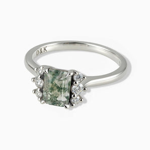 925 Sterling Silver Baguette Moss Agate Ring – Seraph Front View