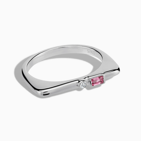 925 Sterling Silver Baguette Pink Tourmaline Puzzle Stacking Ring - Minimal Mood Front View