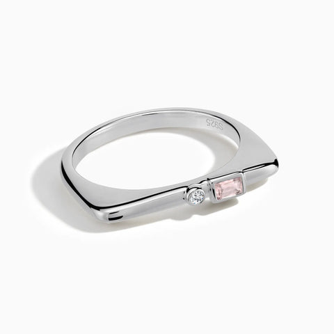 925 Sterling Silver Baguette Rose Quartz Puzzle Stacking Ring - Minimal Mood Front View
