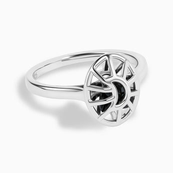925 Sterling Silver Black Onyx Crescent Moon Hollow Oval Shaker Ring - Soul Cage Angled Front View