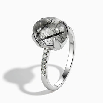 925 Sterling Silver Black Rutilated Quartz Cabochon Ring - Minimal Spiritual Side View