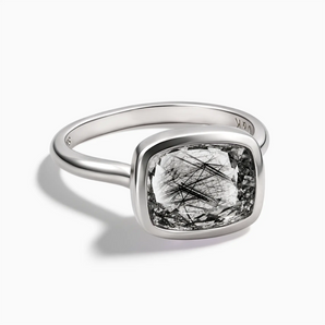 925 Sterling Silver Black Rutilated Quartz Cushion Ring - Pure Hush Front View
