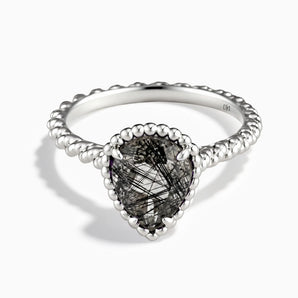 925 Sterling Silver Black Rutilated Quartz Pear Ring - Still Light Front View