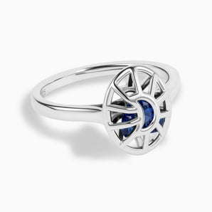 925 Sterling Silver Blue Sapphire Crescent Moon Hollow Oval Shaker Ring - Soul Cage Angled Front View
