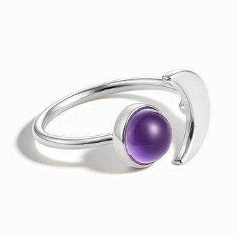 925 Sterling Silver Cabochon Amethyst Crescent Open Ring - Cosmic Path Front View