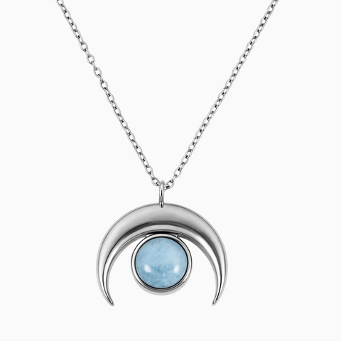 925 Sterling Silver Pear Cabochon Aquamarine Crescent Moon Necklace - Lunar Halo Front View