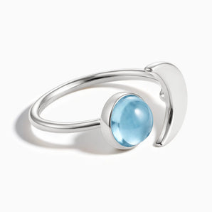 925 Sterling Silver Cabochon Aquamarine Crescent Open Ring - Cosmic Path Front View