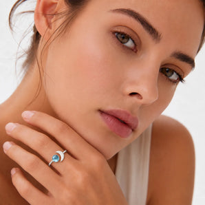 925 Sterling Silver Cabochon Aquamarine Crescent Open Ring - Cosmic Path Model Shot