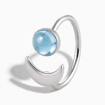 925 Sterling Silver Cabochon Aquamarine Crescent Open Ring - Cosmic Path Side View