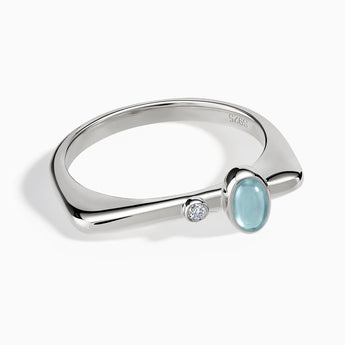 925 Sterling Silver Cabochon Aquamarine Puzzle Stacking Ring - Minimal Bubble Front View