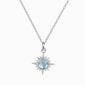 925 Sterling Silver Cabochon Aquamarine Radiant Necklace - Sunburst Front View