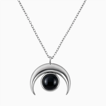 925 Sterling Silver Pear Cabochon Black Onyx Crescent Moon Necklace - Lunar Halo Front View