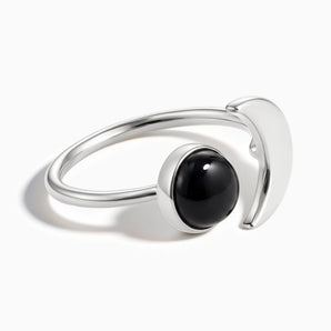 925 Sterling Silver Cabochon Black Onyx Crescent Open Ring - Cosmic Path Front View