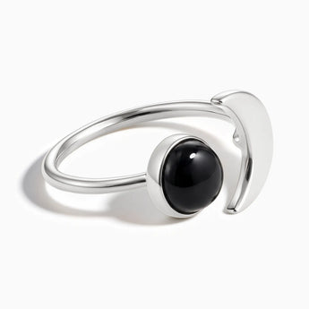 925 Sterling Silver Cabochon Black Onyx Crescent Open Ring - Cosmic Path Front View