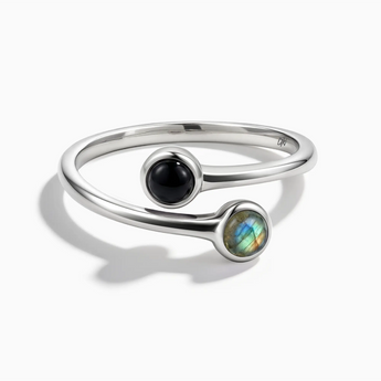 925 Sterling Silver Cabochon Black Onyx & Labradorite Ring - Twins Collection Front View