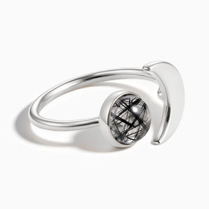 925 Sterling Silver Cabochon Black Rutilated Quartz Crescent Open Ring - Cosmic Path Front View
