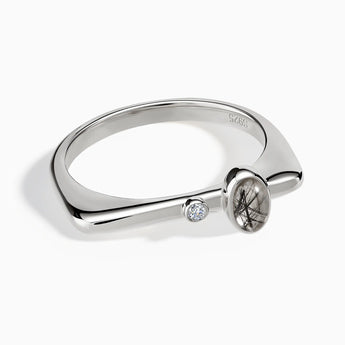 925 Sterling Silver Cabochon Black Rutilated Quartz Puzzle Stacking Ring - Minimal Bubble Front View
