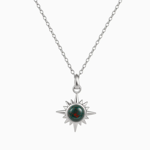 925 Sterling Silver Cabochon Bloodstone Radiant Necklace - Sunburst Front View
