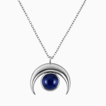 925 Sterling Silver Pear Cabochon Blue Sapphire Crescent Moon Necklace - Lunar Halo Front View
