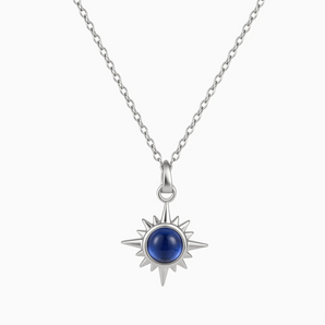 925 Sterling Silver Cabochon Blue Sapphire Radiant Necklace - Sunburst Front View