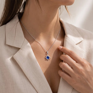 925 Sterling Silver Cabochon Blue Sapphire Radiant Necklace - Sunburst Model Shot