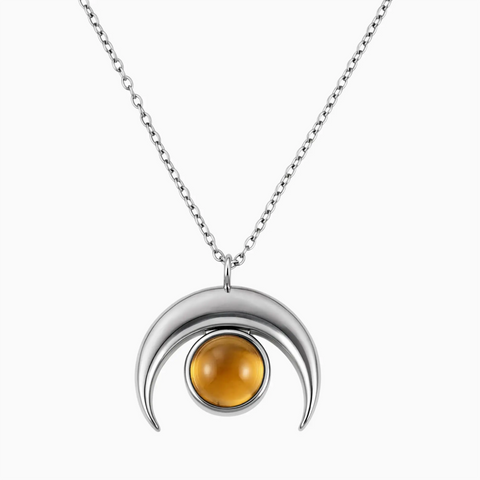 925 Sterling Silver Pear Cabochon Citrine Crescent Moon Necklace - Lunar Halo Front View
