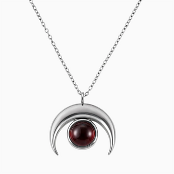 925 Sterling Silver Pear Cabochon Garnet Crescent Moon Necklace - Lunar Halo Front View