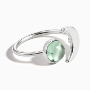 925 Sterling Silver Cabochon Green Amethyst Crescent Open Ring - Cosmic Path Front View