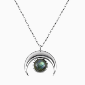 925 Sterling Silver Pear Cabochon Labradorite Crescent Moon Necklace - Lunar Halo Front View