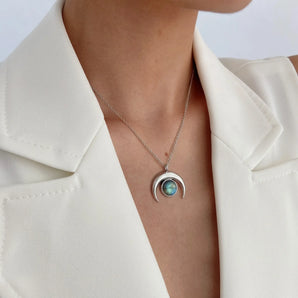 925 Sterling Silver Cabochon Labradorite Crescent Moon Necklace - Lunar Halo Worn View