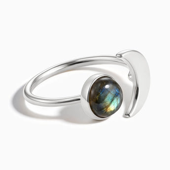 925 Sterling Silver Cabochon Labradorite Crescent Open Ring - Cosmic Path Front View