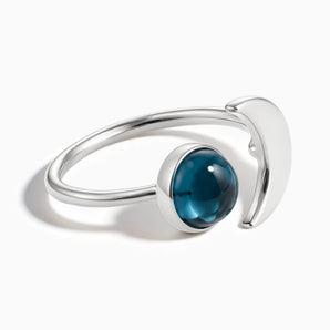 925 Sterling Silver Cabochon London Blue Topaz Crescent Open Ring - Cosmic Path Front View