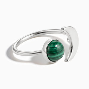 925 Sterling Silver Cabochon Malachite Crescent Open Ring - Cosmic Path Front View