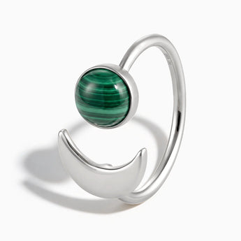 925 Sterling Silver Cabochon Malachite Crescent Open Ring - Cosmic Path Side View