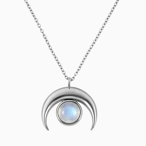 925 Sterling Silver Pear Cabochon Moonstone Crescent Moon Necklace - Lunar Halo Front View