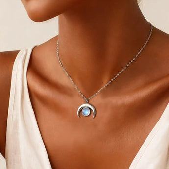 925 Sterling Silver Cabochon Moonstone Crescent Moon Necklace - Lunar Halo Worn View