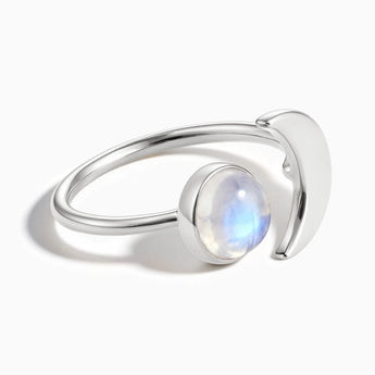 925 Sterling Silver Cabochon Moonstone Crescent Open Ring - Cosmic Path Front View