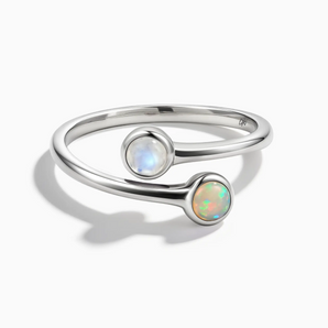 925 Sterling Silver Cabochon Moonstone & Opal Ring - Twins Collection Front View