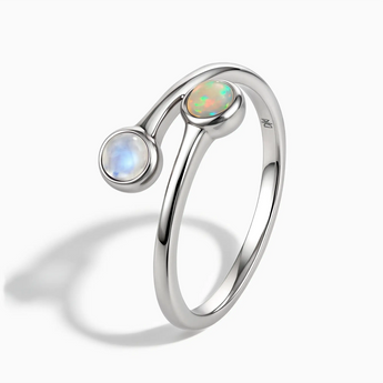 925 Sterling Silver Cabochon Moonstone & Opal Ring - Twins Collection Side View