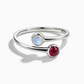 925 Sterling Silver Cabochon Moonstone & Ruby Ring - Twins Collection Front View