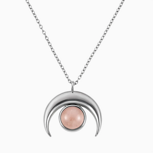 925 Sterling Silver Pear Cabochon Morganite Crescent Moon Necklace - Lunar Halo Front View