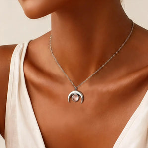 925 Sterling Silver Cabochon Morganite Crescent Moon Necklace - Lunar Halo Worn View