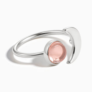 925 Sterling Silver Cabochon Morganite Crescent Open Ring - Cosmic Path Front View