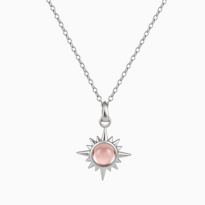 925 Sterling Silver Cabochon Morganite Radiant Necklace - Sunburst Front View