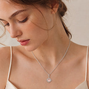 925 Sterling Silver Cabochon Morganite Radiant Necklace - Sunburst Model Shot
