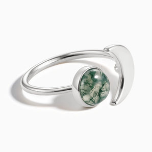 925 Sterling Silver Cabochon Moss Agate Crescent Open Ring - Cosmic Path Front View