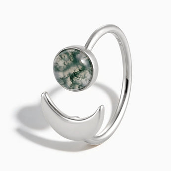 925 Sterling Silver Cabochon Moss Agate Crescent Open Ring - Cosmic Path Side View