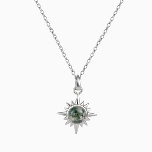 925 Sterling Silver Cabochon Moss Agate Radiant Necklace - Sunburst Front View