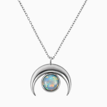 925 Sterling Silver Pear Cabochon Opal Crescent Moon Necklace - Lunar Halo Front View